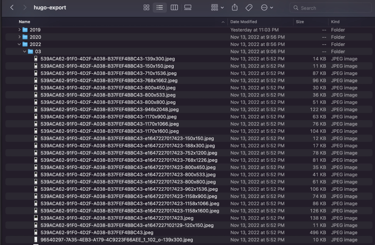 Screenshot of macOS Finder showing a long list of hashed image names in different sizes