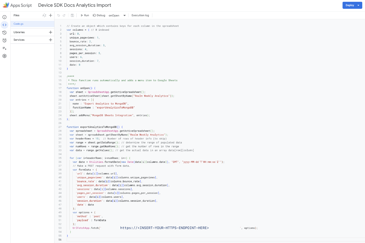 Screenshot of the Google Apps Script to export data to MongoDB built on the Gist linked above