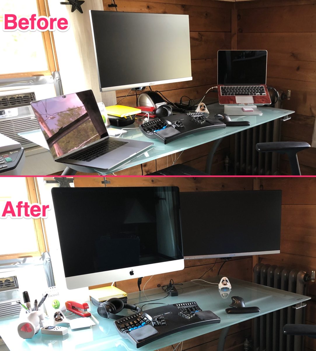 Image of a desk with two laptops and a monitor labeled &ldquo;Before&rdquo; above an image of the same desk with an iMac and a monitor labeled &ldquo;After&rdquo;