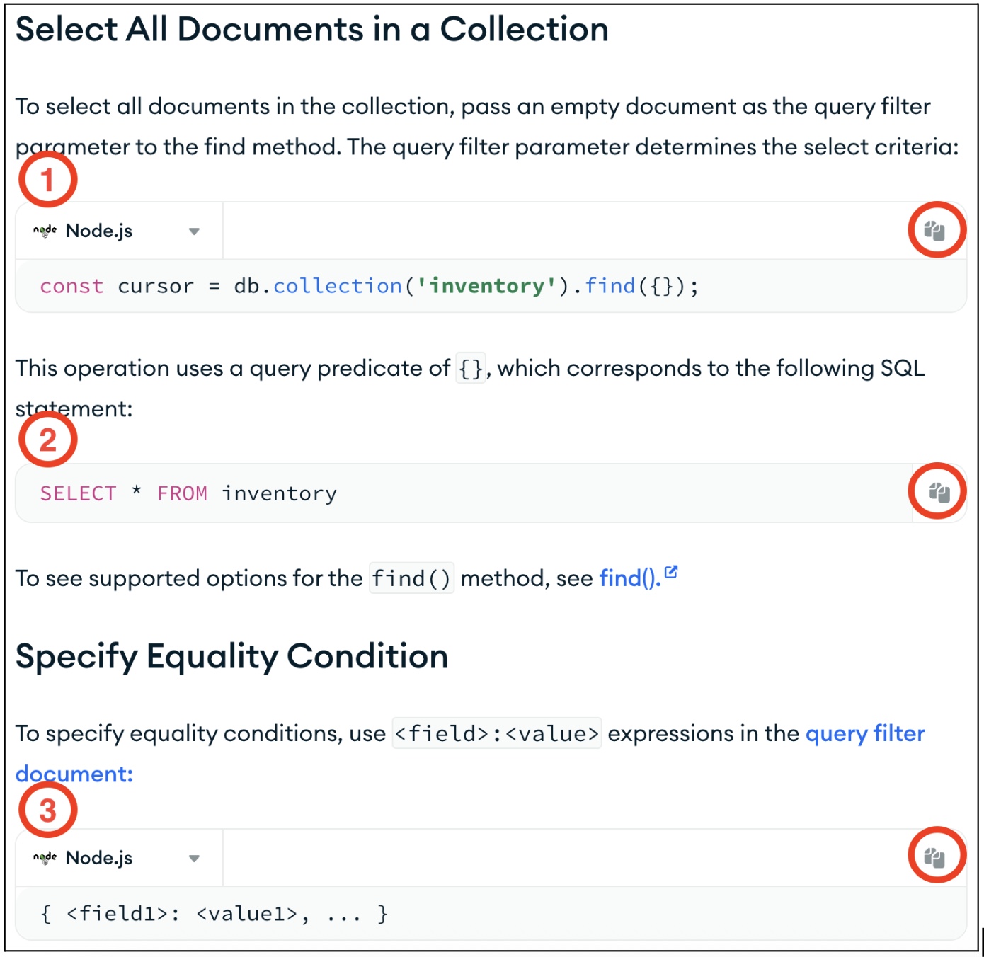 Screenshot showing three one-line code blocks, with red numbers and circled copy icons to the right