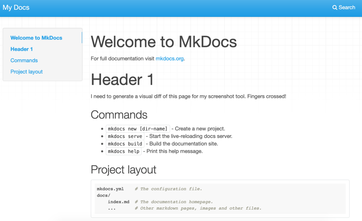 Screenshot of a MKDocs site preview rendered by Tugboat