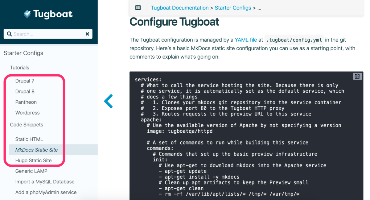 Screenshot of the Tugboat documentation site showing available starter configs in the table of contents