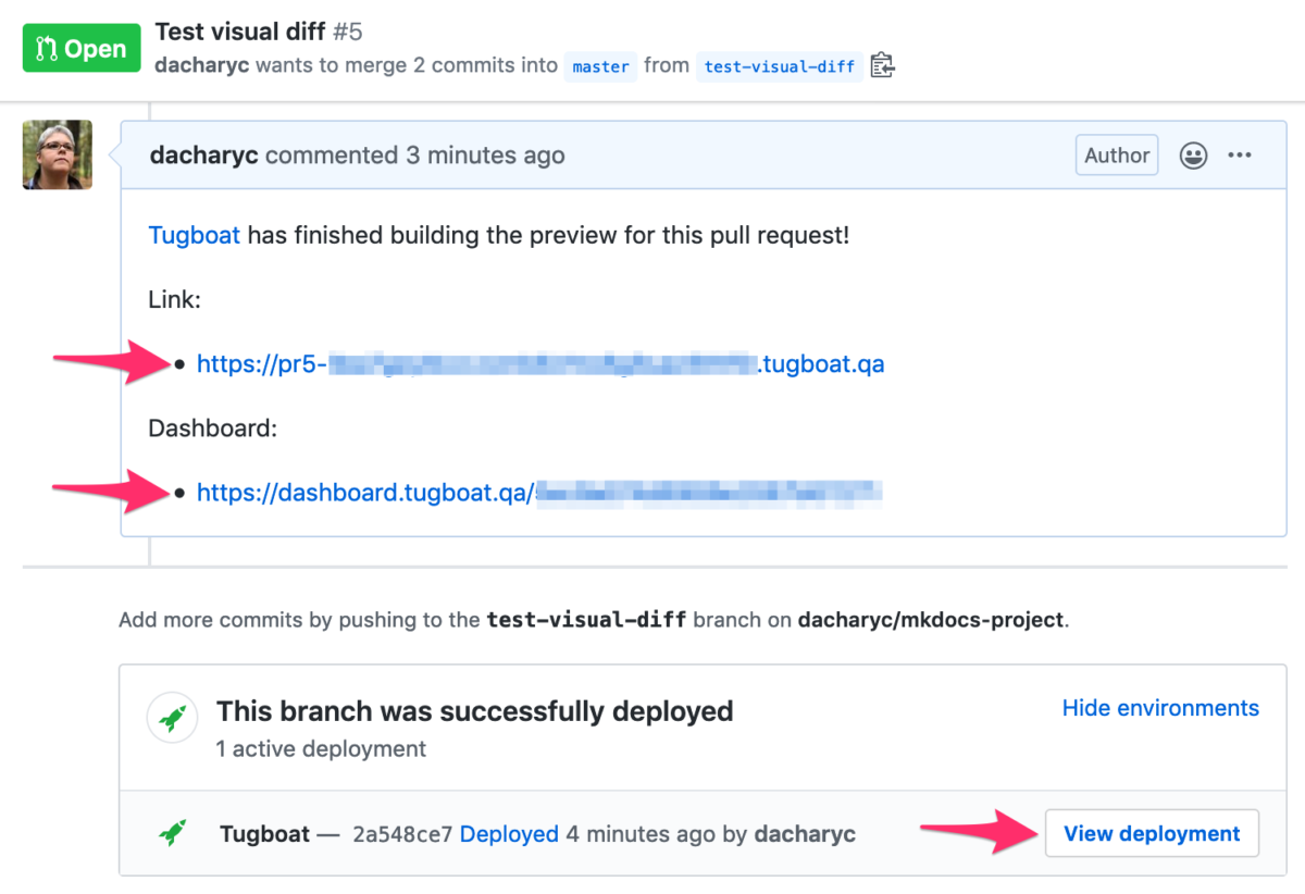 Screenshot of Tugboat deployment links on a GitHub pull request